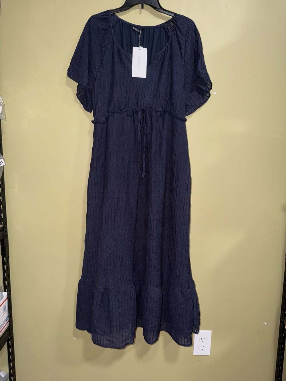 BloomChic Navy Tiered Midi Dress with Drawstring Waist
